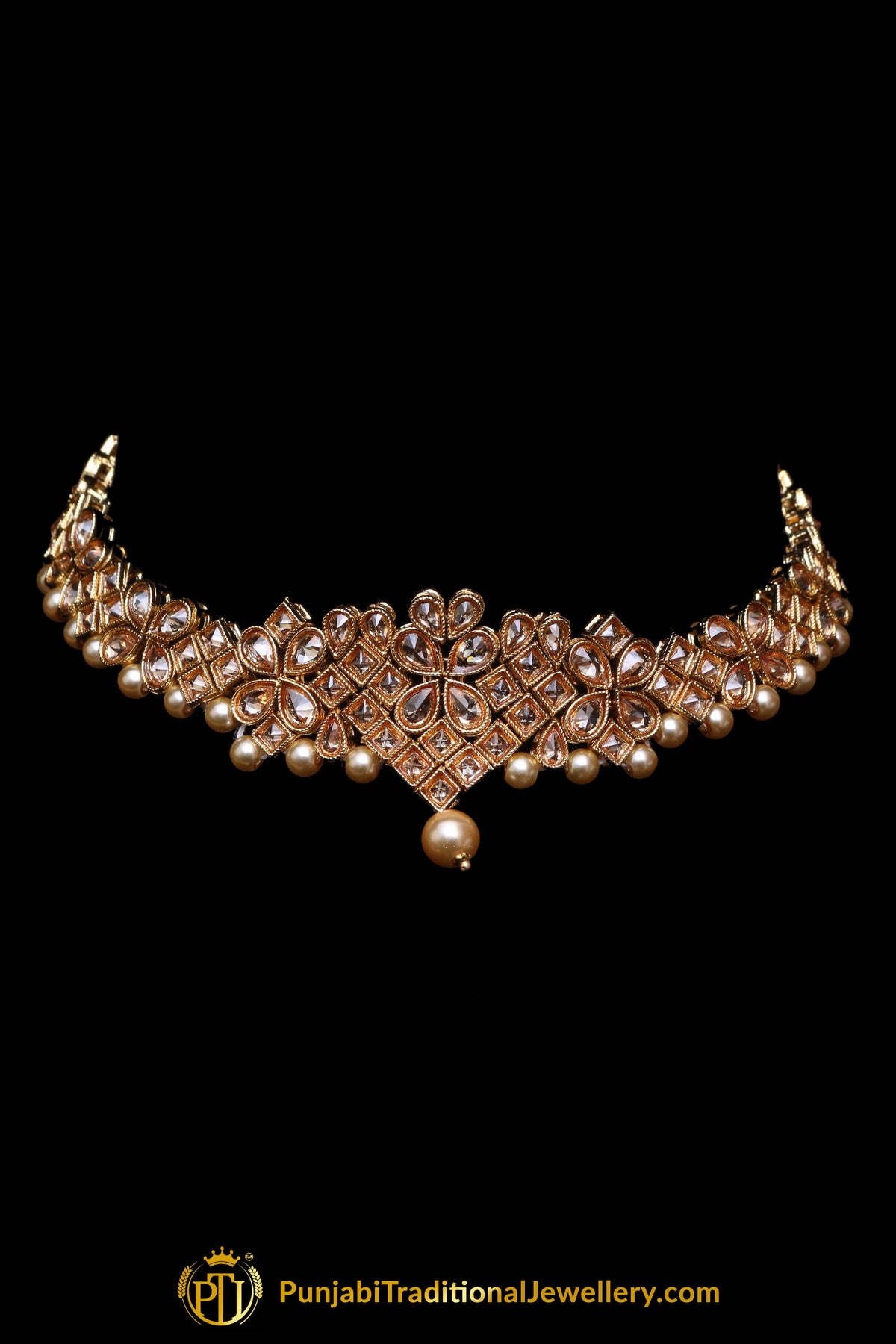Pearl Champagne Stone Necklace Set By Punjabi Taditional Jewellery