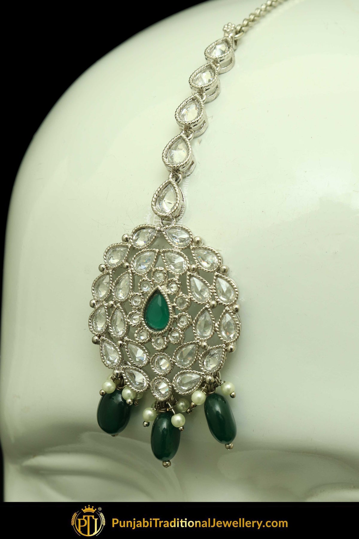 Silver Finished Polki Stone Emerald Drops Oversized Stud Earrings & Tikka Set By Punjabi Traditional Jewellery
