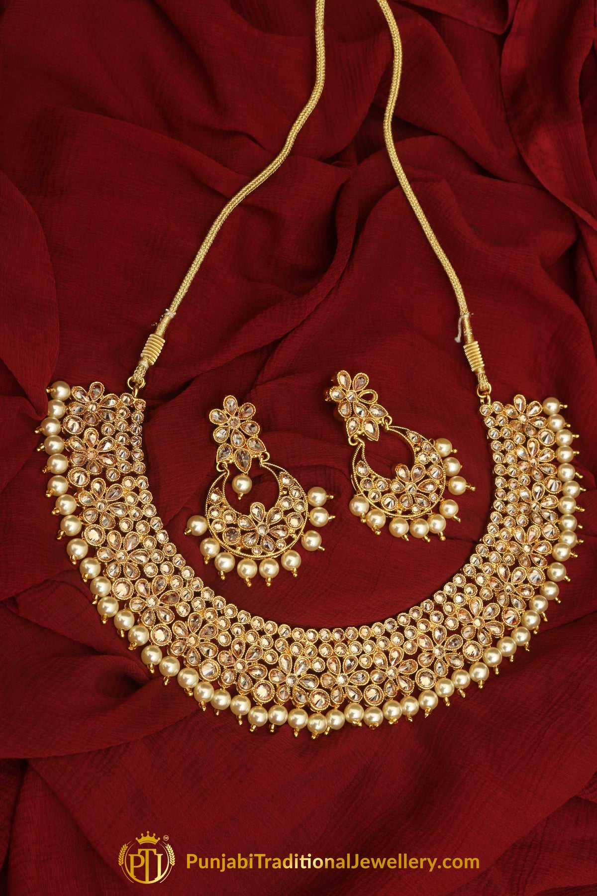 Pearl Champagne Stone Necklace Set By Punjabi Taditional Jewellery