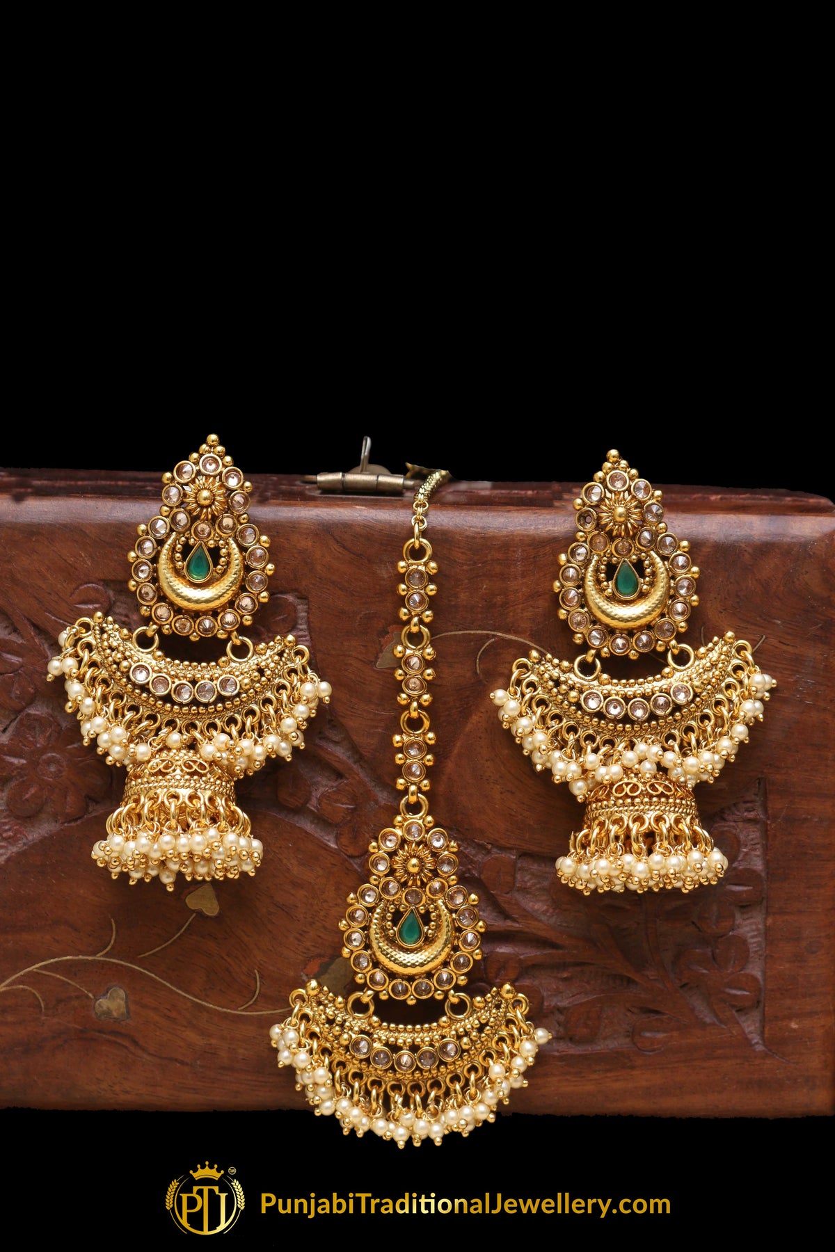 Champagne Stone Pearl Earring Tikka Set By Punjabi Traditional Jewellery
