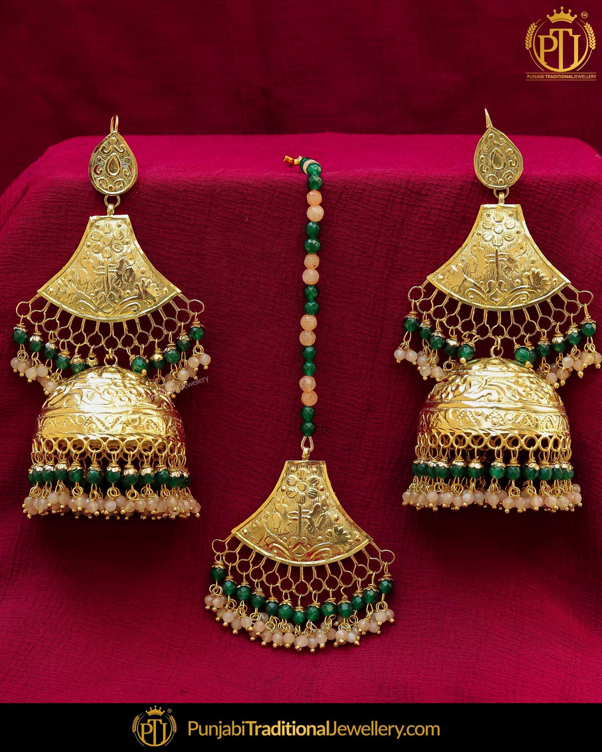 Antique Gold Finished Emerald Pearl Earring Tikka Set | Punjabi Traditional Jewellery Exclusive