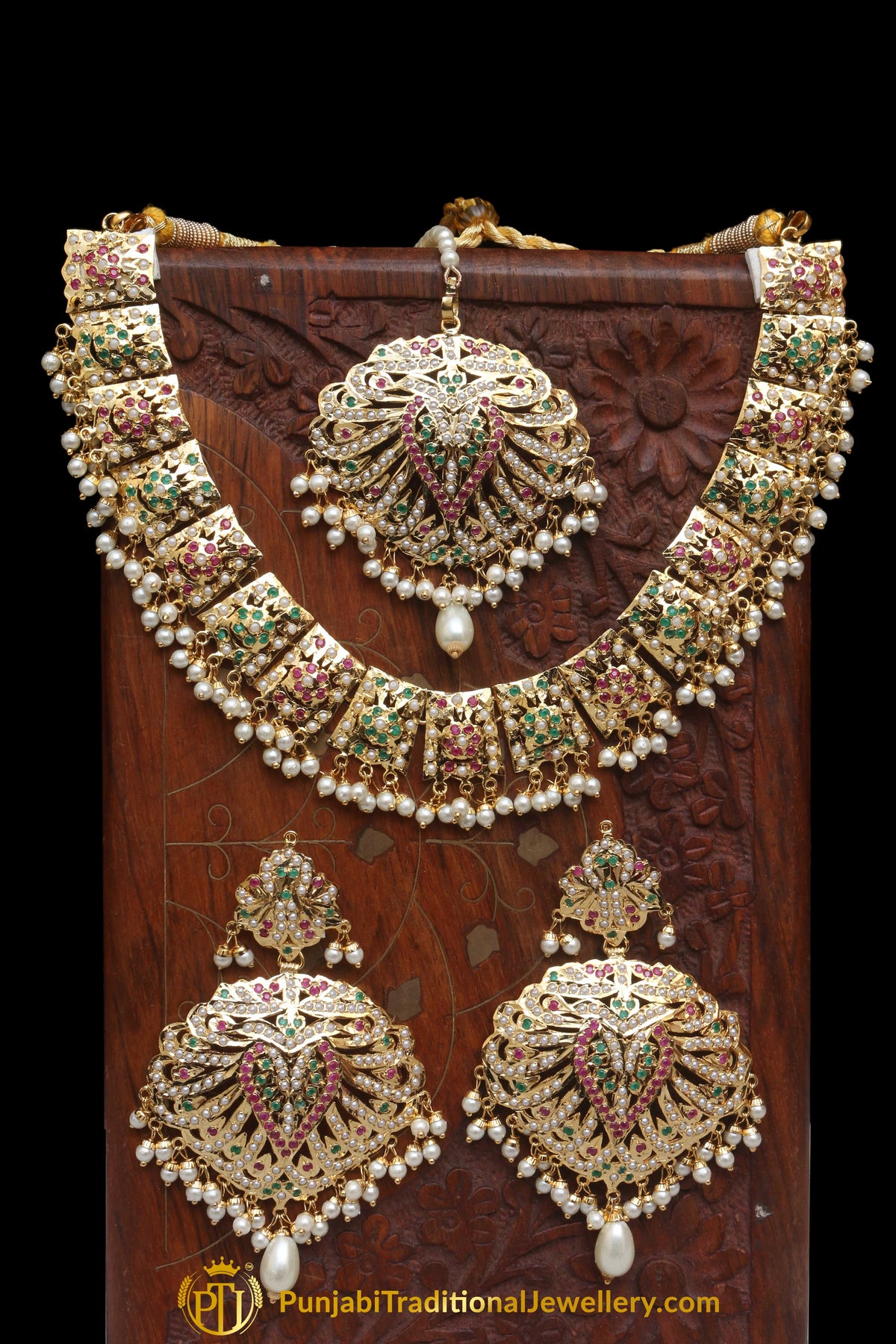 Multi Jadau Pearl Necklace Set By Punjabi Traditional Jewellery