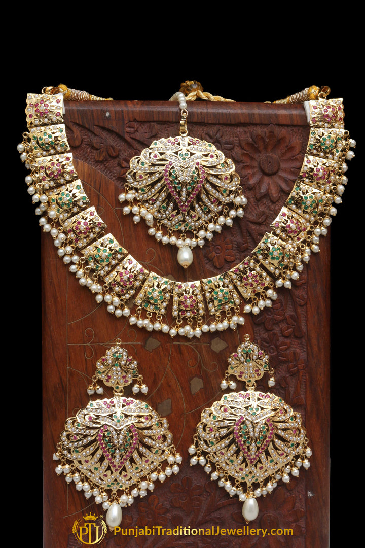 Multi Jadau Pearl Necklace Set By Punjabi Traditional Jewellery