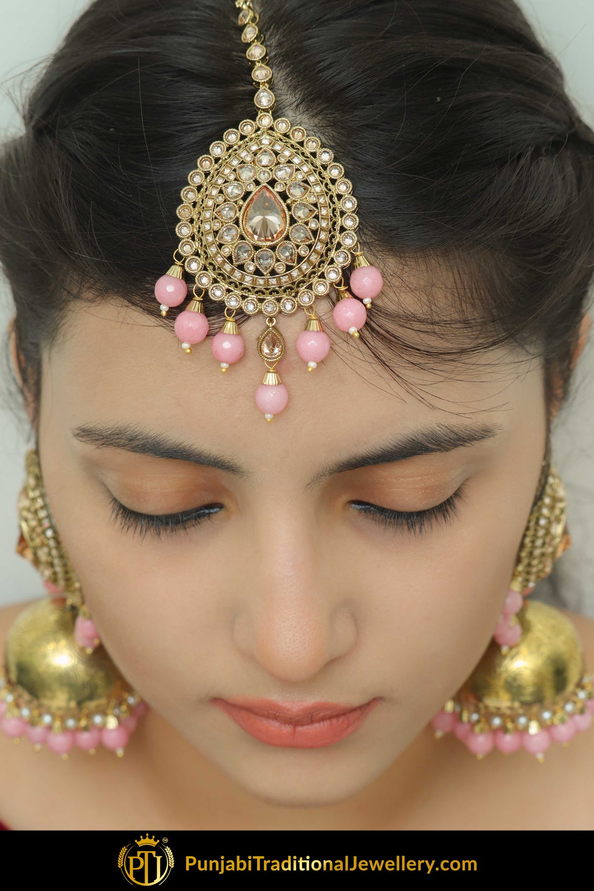 Farwah Chamapgne Stone  Pink Jhumki Earrings, Necklace Set With Tikka | Punjabi Traditional Jewellery Exclusive
