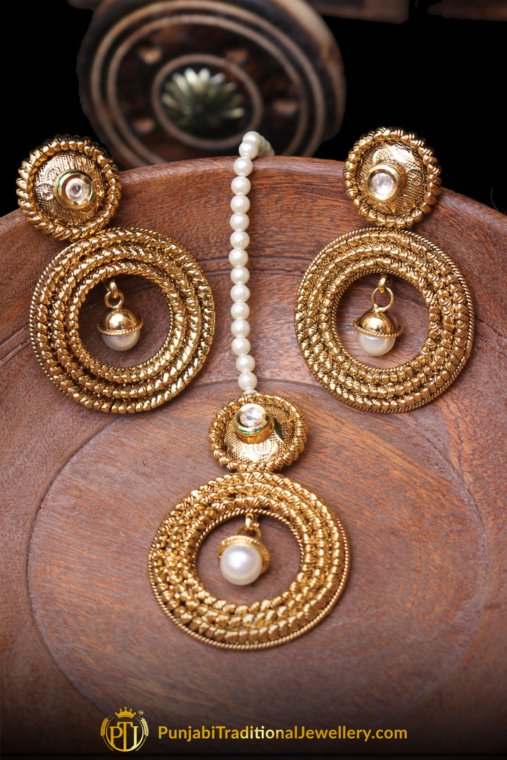 White Antique Gold Earring Tikka Set By Punjabi Traditional Jewellery
