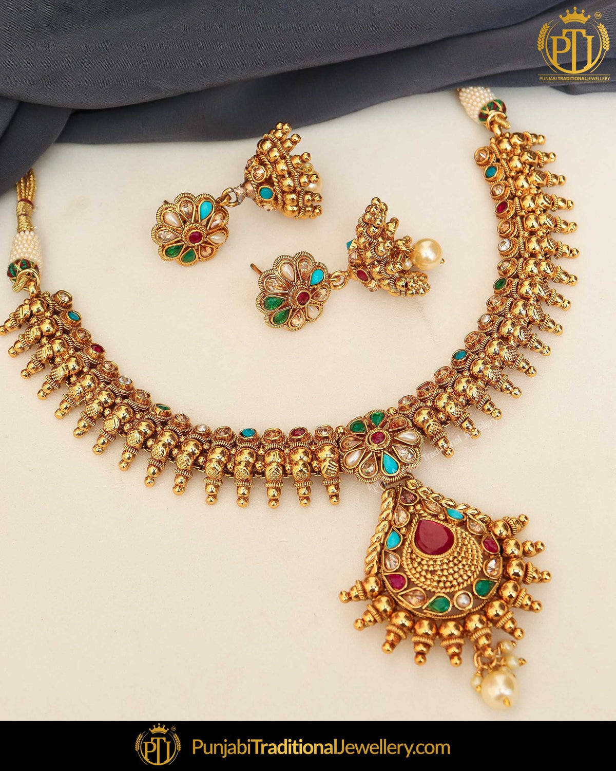 Antique Gold Finished Navratan Polki Necklace Set | Punjabi Traditional Jewellery Exclusive