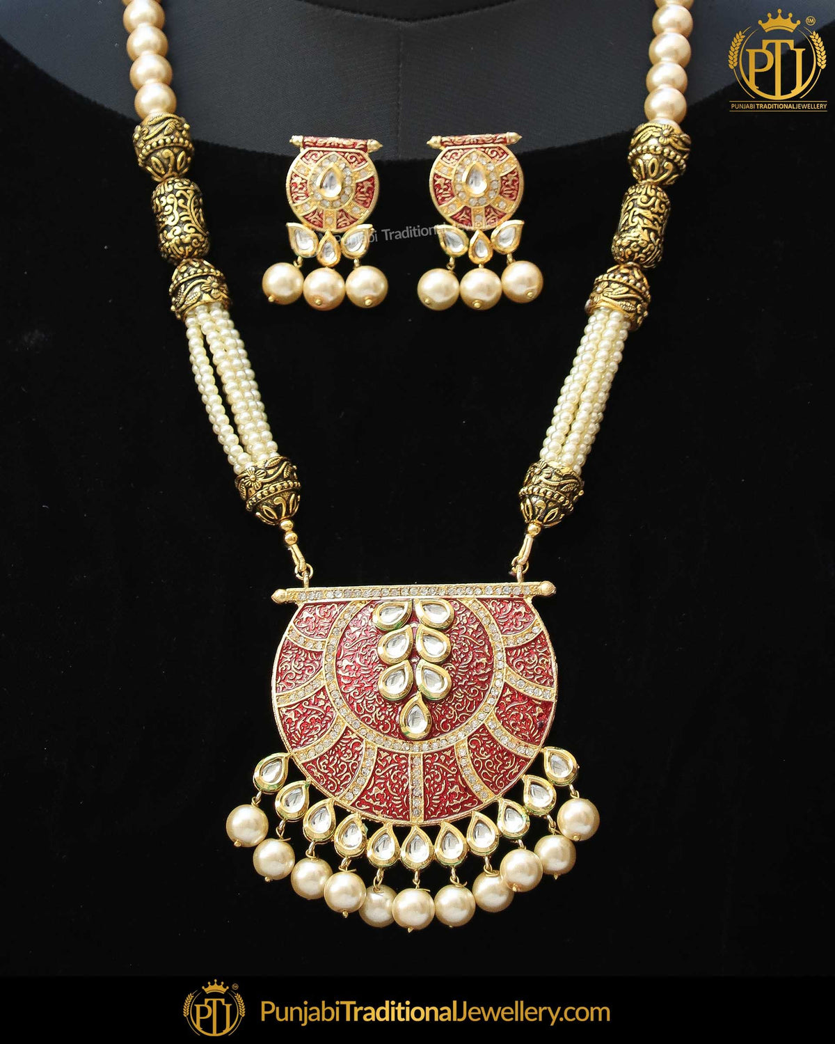 Gold Finished Rubby Kundan Long Pearl Necklace Set | Punjabi Traditional Jewellery Exclusive