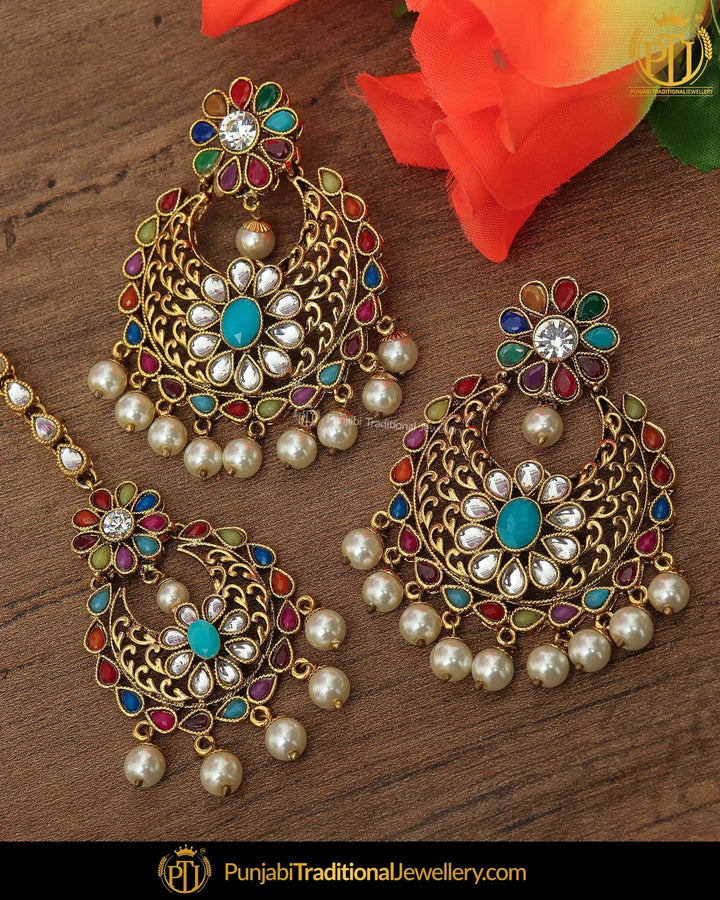 Gold Finished Navratan Kundan Earring Tikka Set | Punjabi Traditional Jewellery Exclusive
