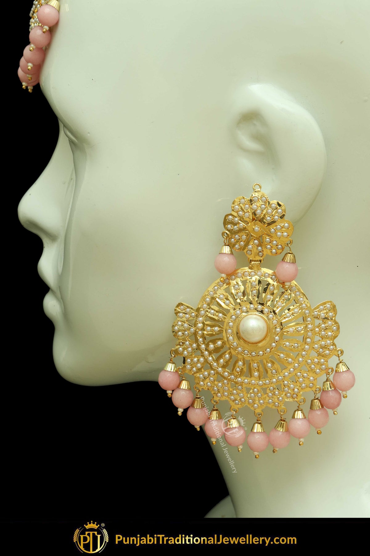 Gold Finished Peach Jadau Pearl Earring Tikka Set | Punjabi Traditional Jewellery Exclusive