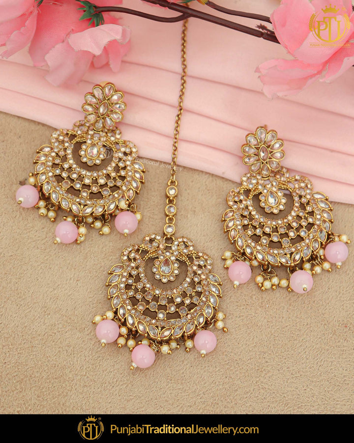 Antique Gold Finished Pink Pearl Champagne Stone Earring Tikka Set | Punjabi Traditional Jewellery Exclusive