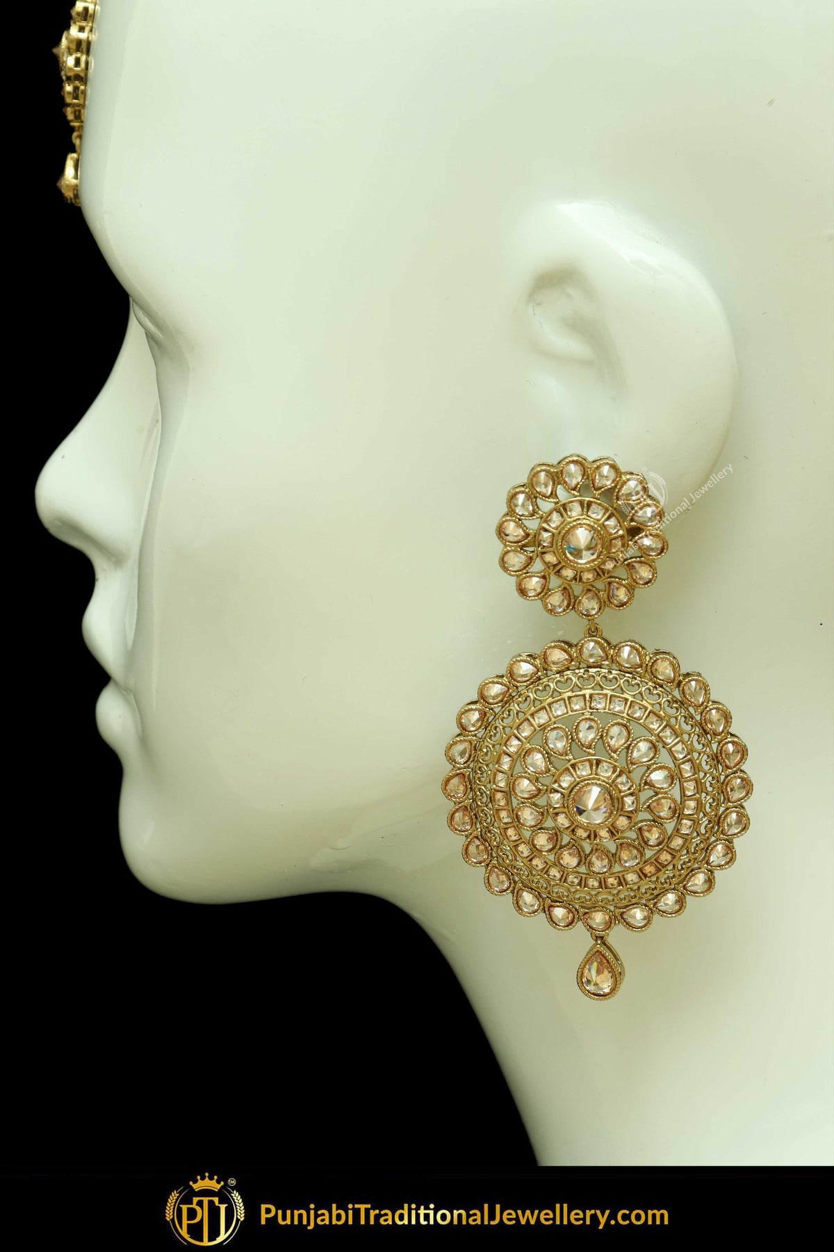 Antique Gold Finised Champagne Stone Earring Tikka Set By Punjabi Traditional Jewellery