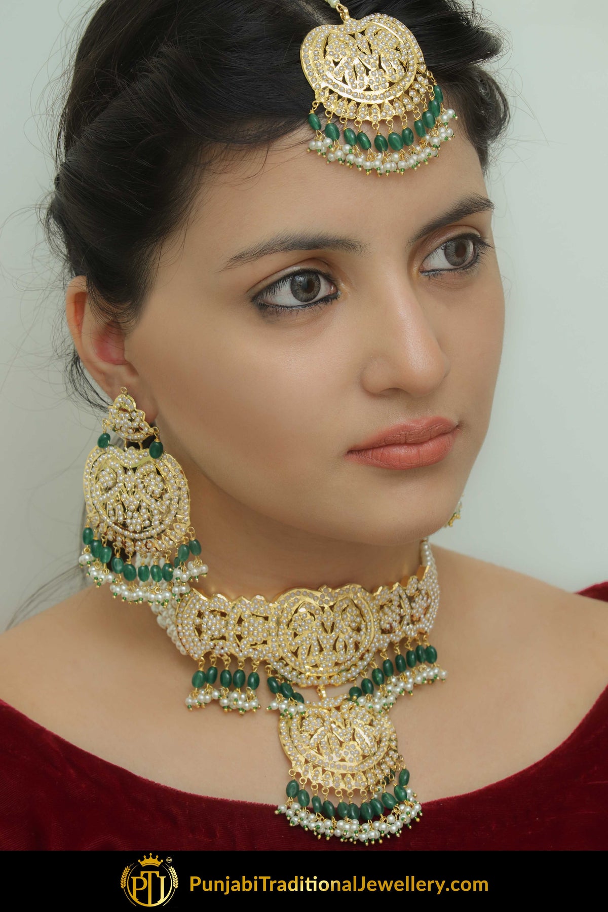 Ghayda  Gold Finished Emerald Jadau Necklace, Earrings With Tikka | Punjabi Traditional Jewellery Exclusive