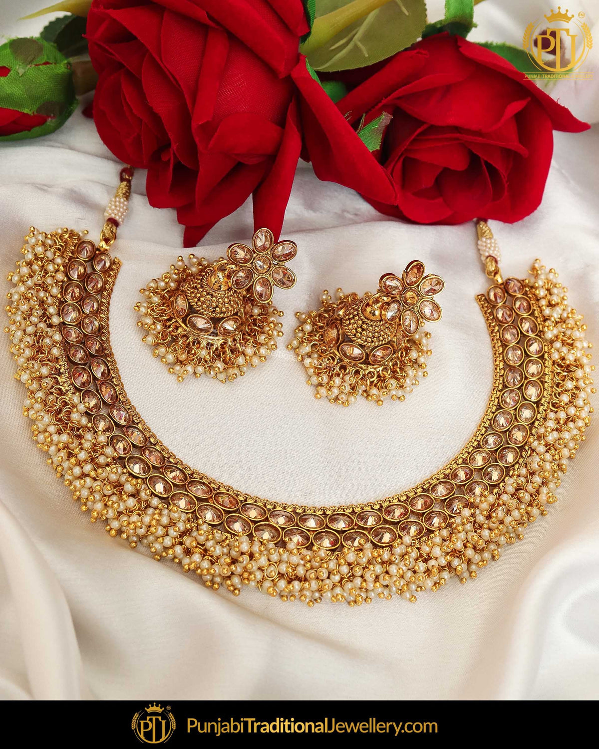 Gold Finished Pearl Chamapgne Stone Necklace Set | Punjabi Traditional Jewellery Exclusive