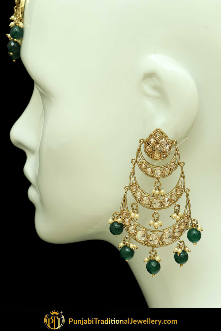 Antique Gold Finised Champagne Stone Green Earring Tikka Set By Punjabi Traditional Jewellery