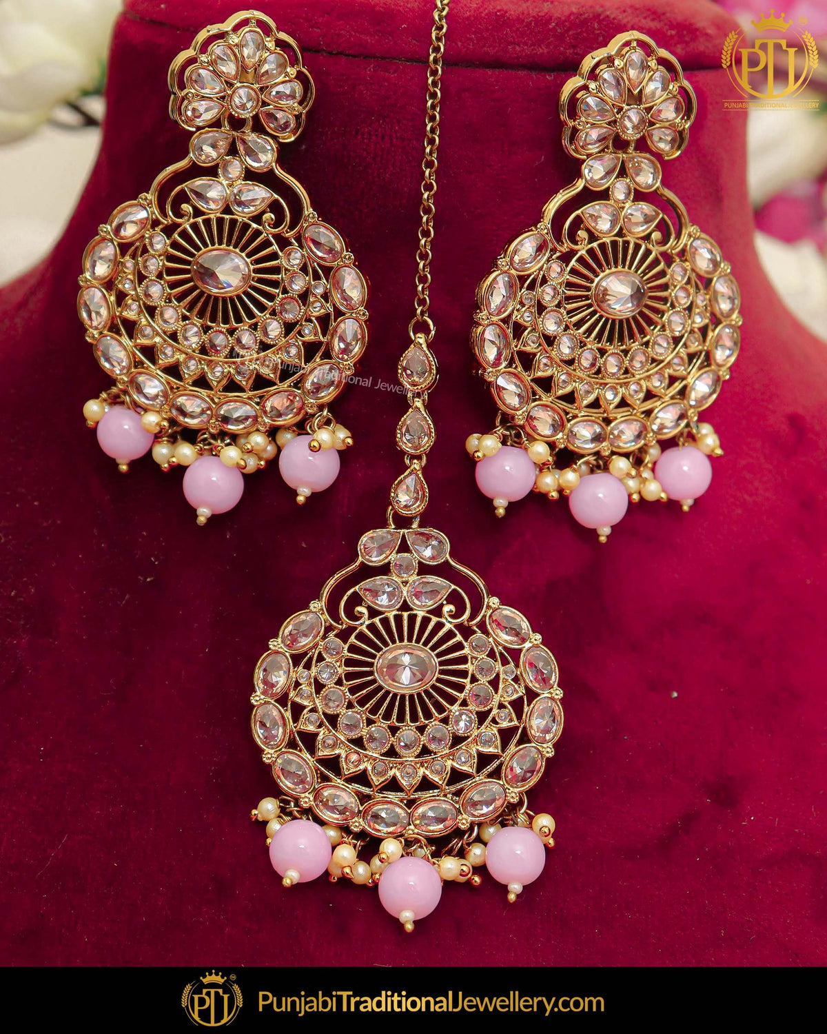 Antique Gold Finished Pink Pearl Champagne Stone Earring Tikka Set | Punjabi Traditional Jewellery Exclusive