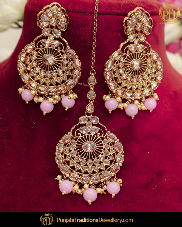 Antique Gold Finished Pink Pearl Champagne Stone Earring Tikka Set | Punjabi Traditional Jewellery Exclusive
