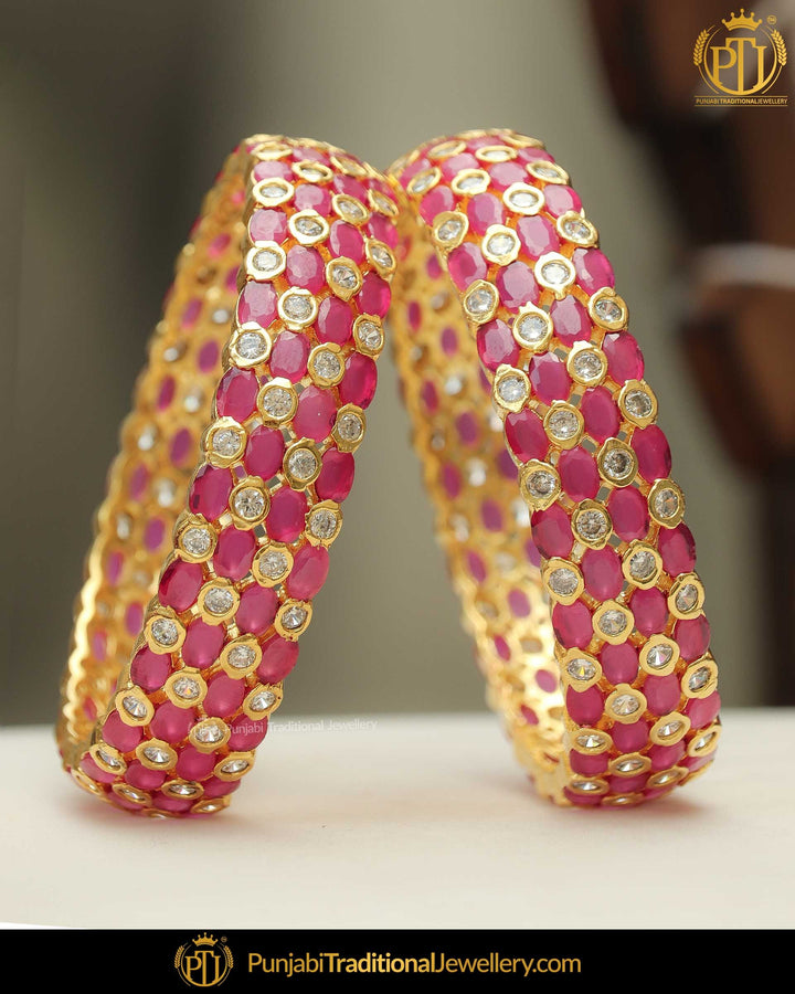 Gold Finished Rubby American Diamond Karra Bangles (Pair)| Punjabi Traditional Jewellery Exclusive