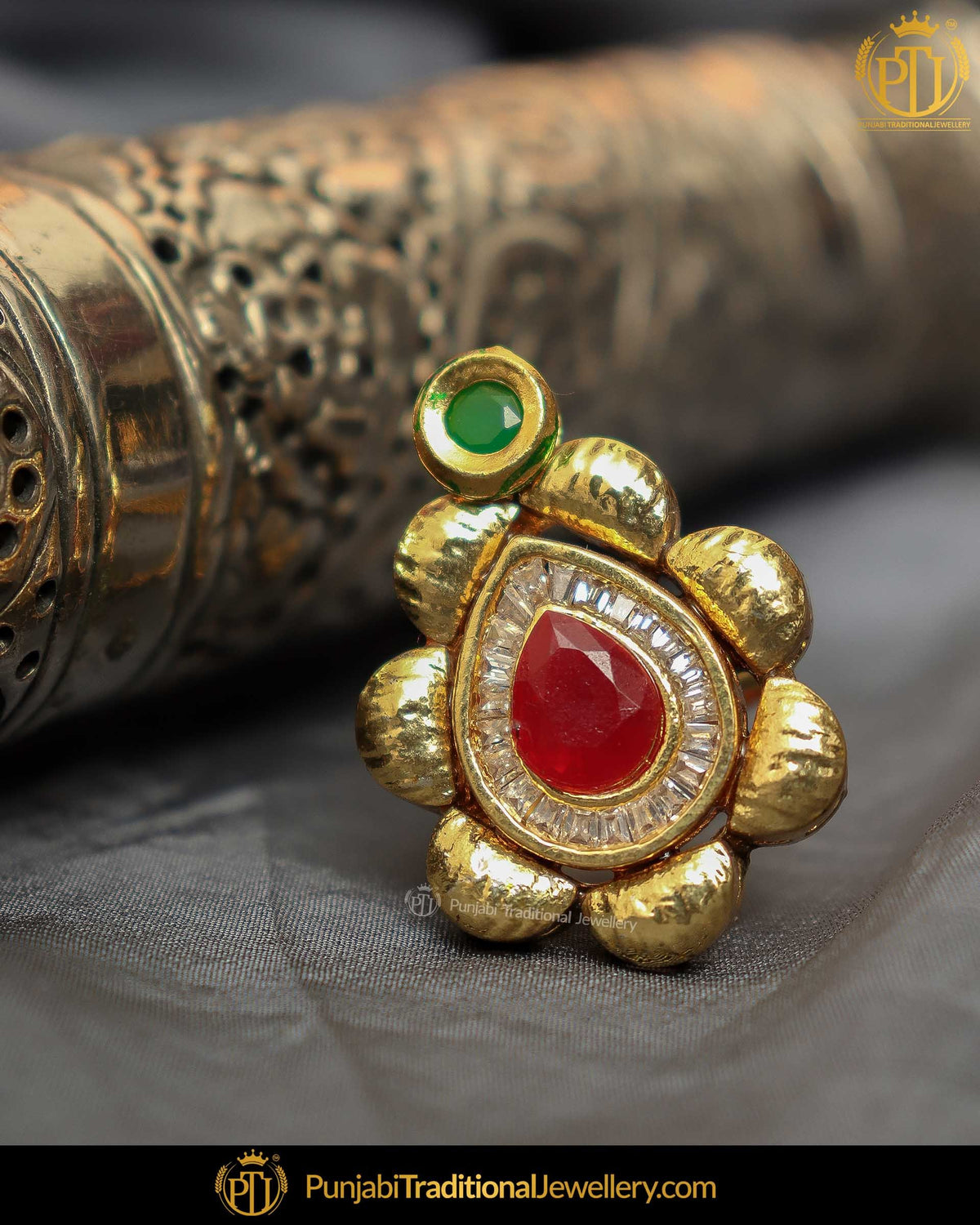 Gold Finished Rubby Emerald Ring | Punjabi Traditional Jewellery Exclusive