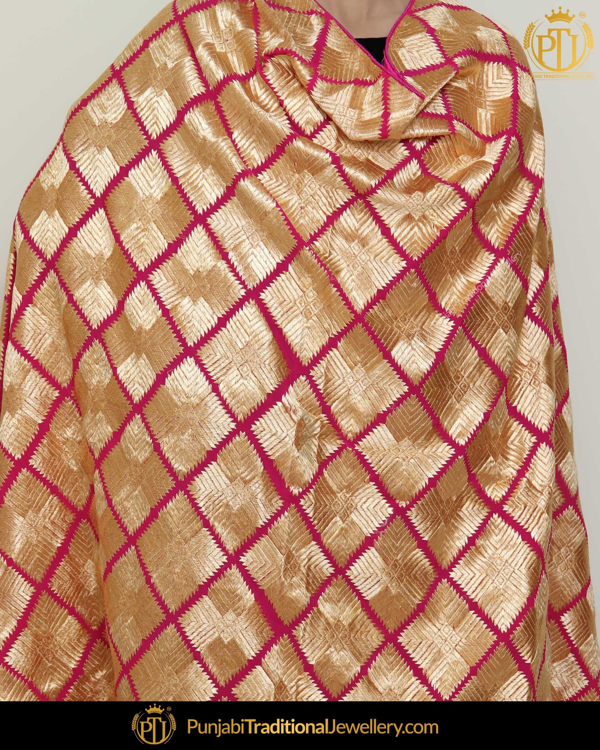 Golden & Pink Double Color Phulkari | Punjabi Traditional Jewellery Exclusive