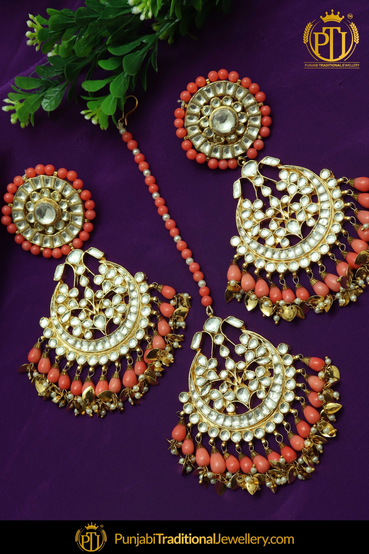 Gold Finished Gajri Kundan Pippal Patti Earring Tikka Set | Punjabi Traditional Jewellery Exclusive