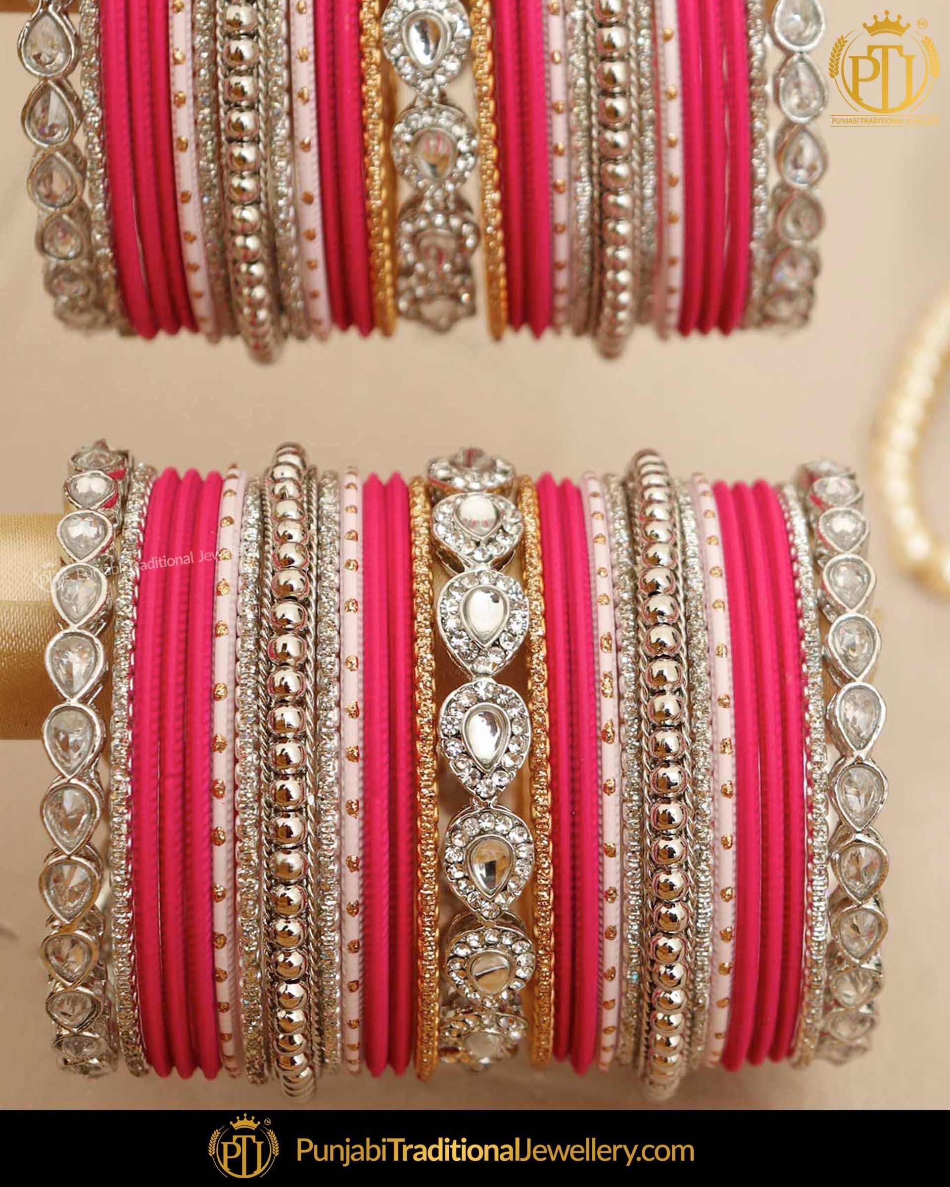 Hot Pink Silver (For Both Hands) Bangles Set | Punjabi Traditional Jewellery Exclusive