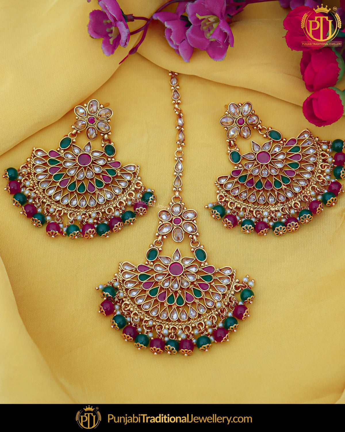 Antique Gold Finished Rubby Green Pearl Champagne Stone Earring Tikka Set | Punjabi Traditional Jewellery Exclusive