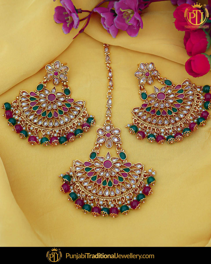 Antique Gold Finished Rubby Green Pearl Champagne Stone Earring Tikka Set | Punjabi Traditional Jewellery Exclusive