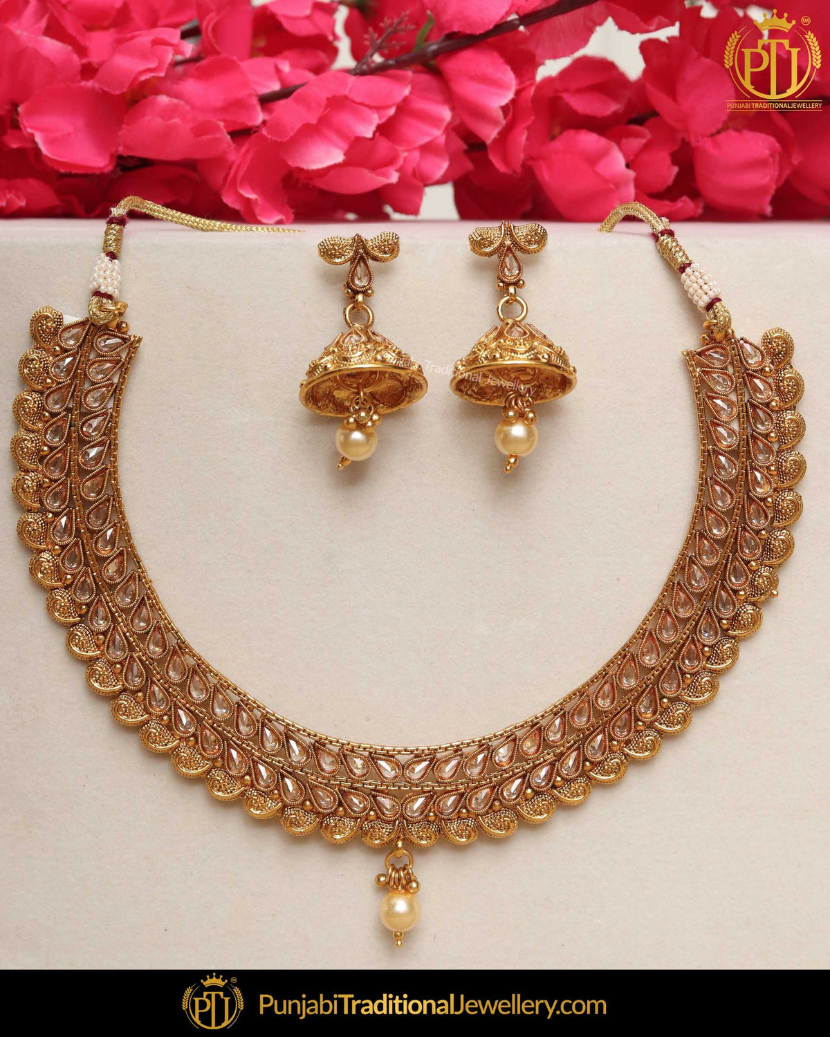 Gold Finished Chamapgne Stone Necklace Set | Punjabi Traditional Jewellery Exclusive