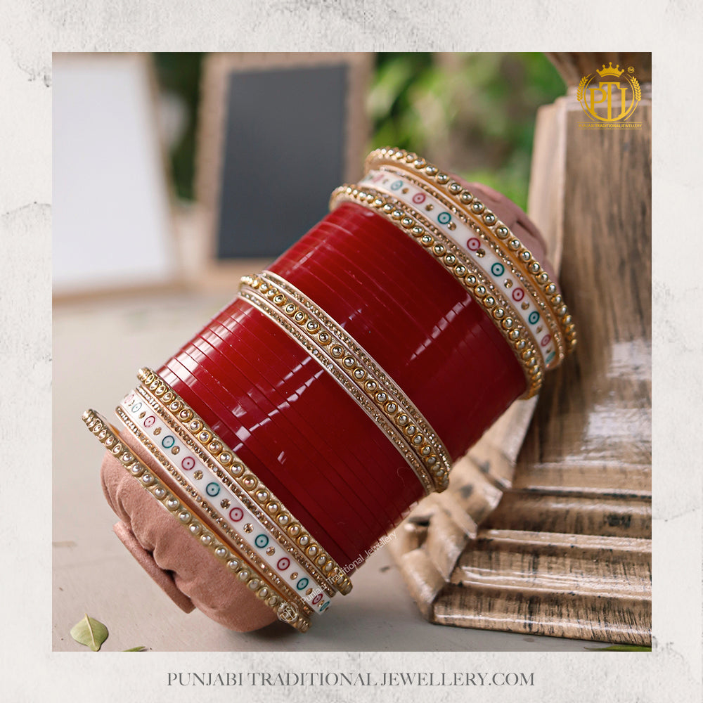 Gold Pearl Dotted Maroon Bridal Chura | Punjabi Traditional Jewellery Exclusive