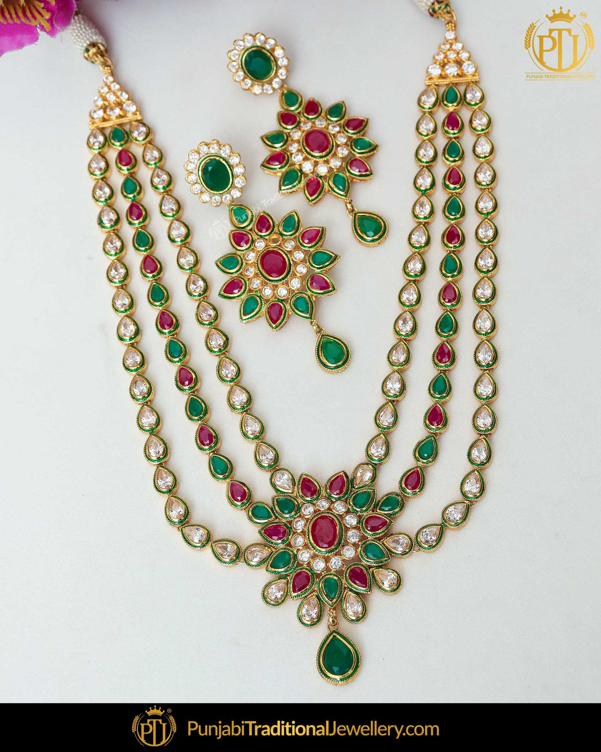 Gold Finished Rubby Emerald Kundan Necklace Set | Punjabi Traditional Jewellery Exclusive