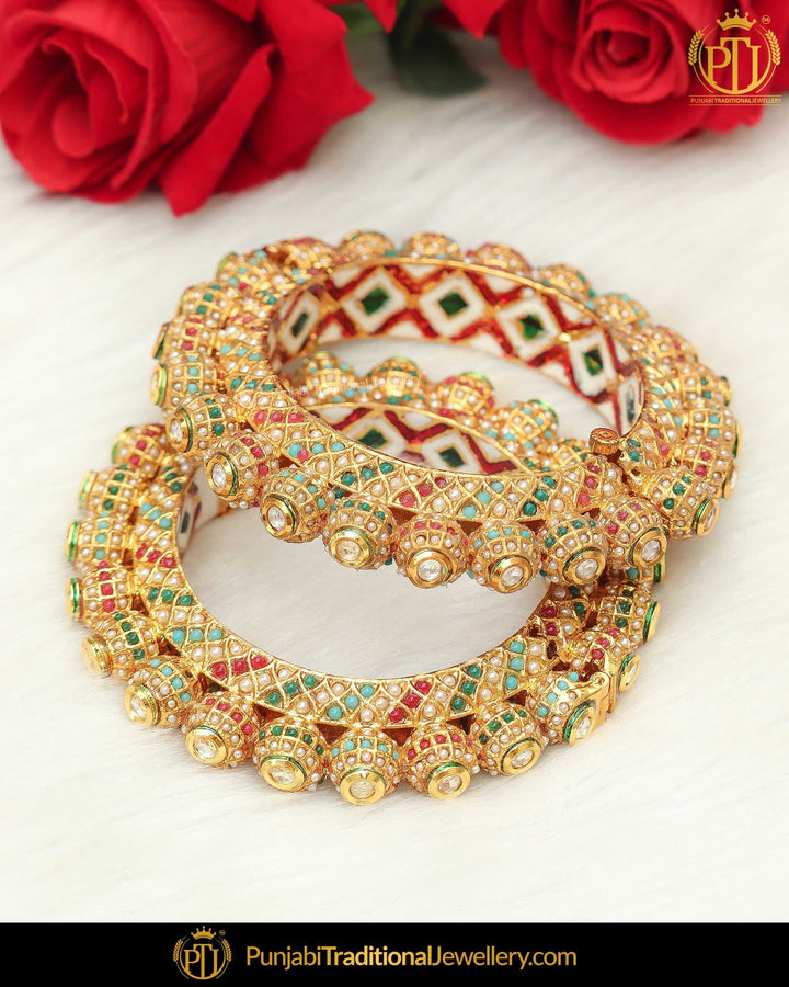 Gold Finished Multi Pearl Karra Bangles (Pair)| Punjabi Traditional Jewellery Exclusive