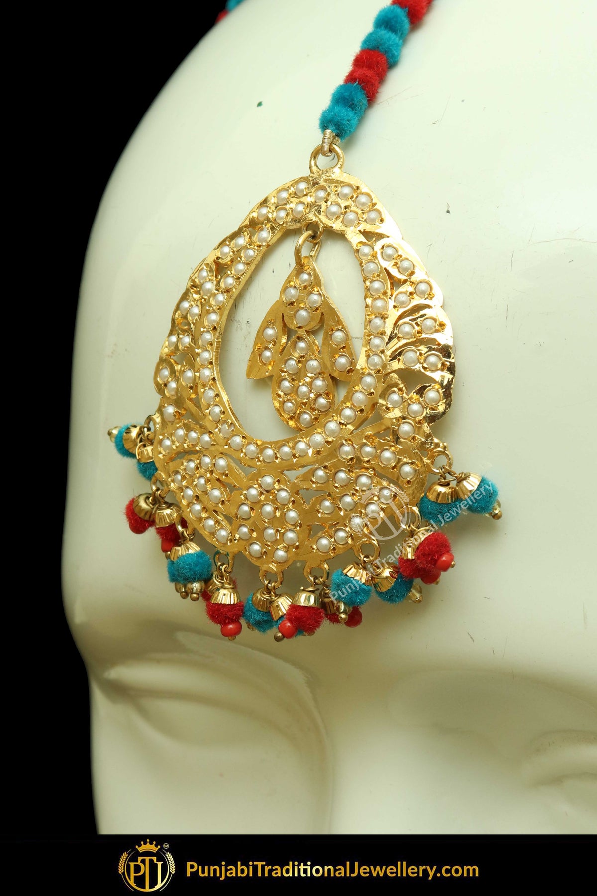 Gold Finished Pink & Red Jadau Pearl Earring Tikka Set | Punjabi Traditional Jewellery Exclusive
