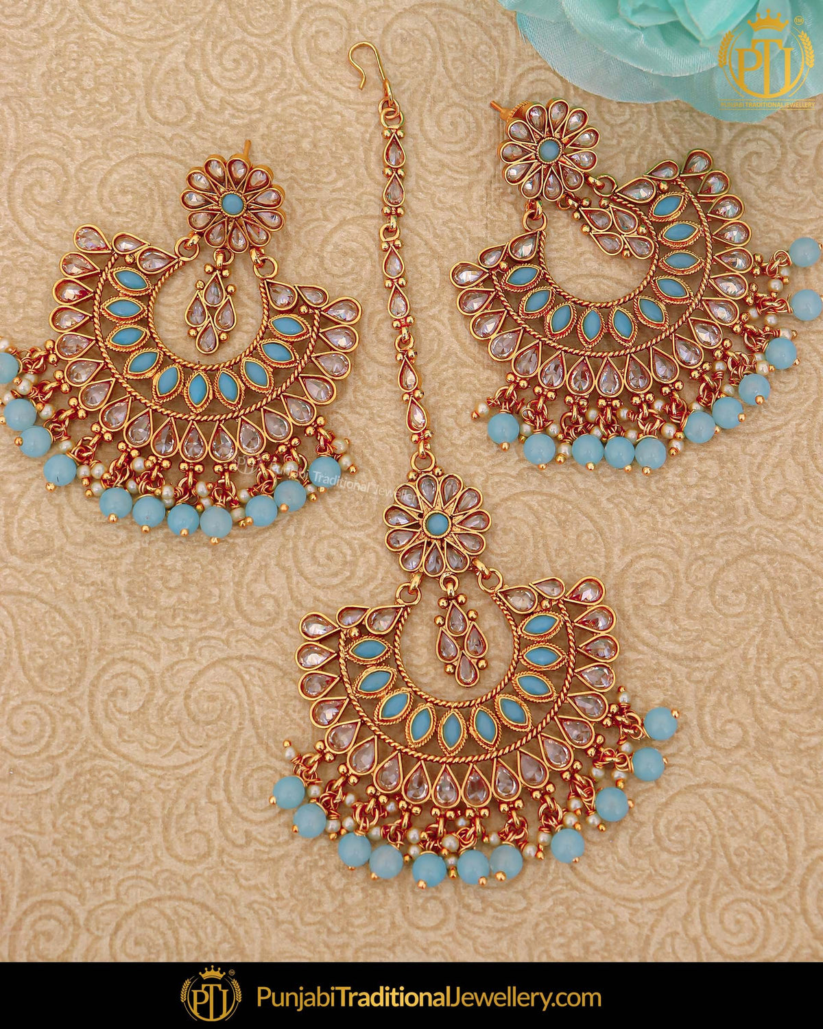 Antique Gold Finished Firozi Pearl Champagne Stone Earring Tikka Set | Punjabi Traditional Jewellery Exclusive