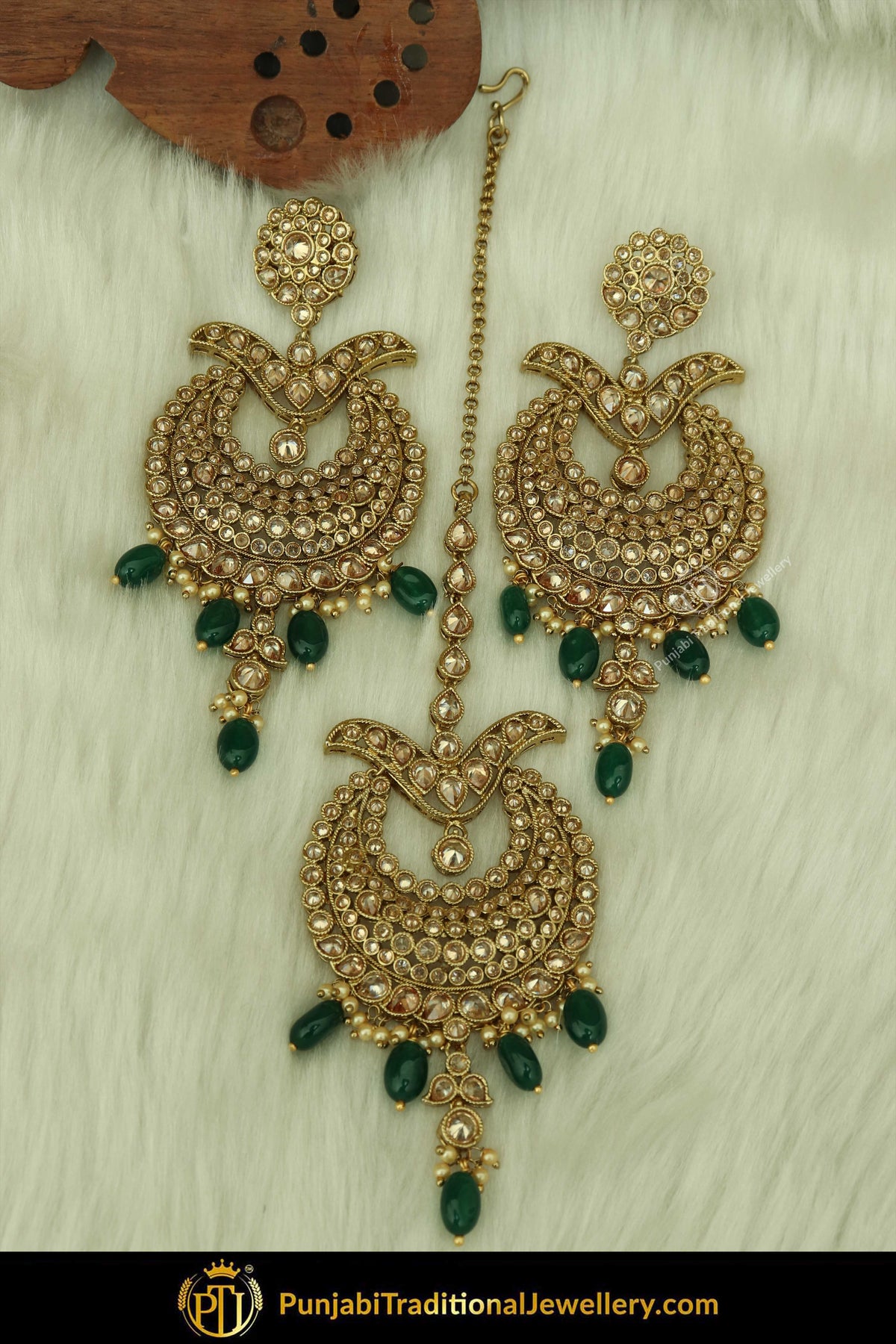 Antique Gold Finised Champagne Stone Green Earring Tikka Set By Punjabi Traditional Jewellery