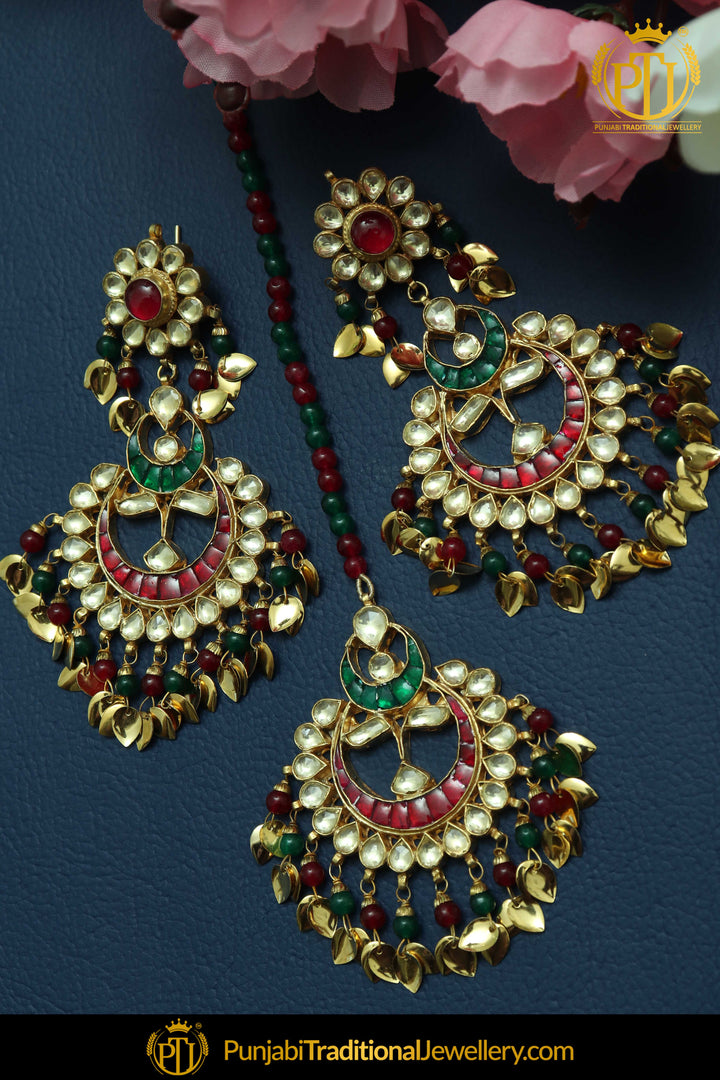 Rubby Panna Pippal Patti Kundan Earring Tikka Set | Punjabi Traditional Jewellery Exclusive