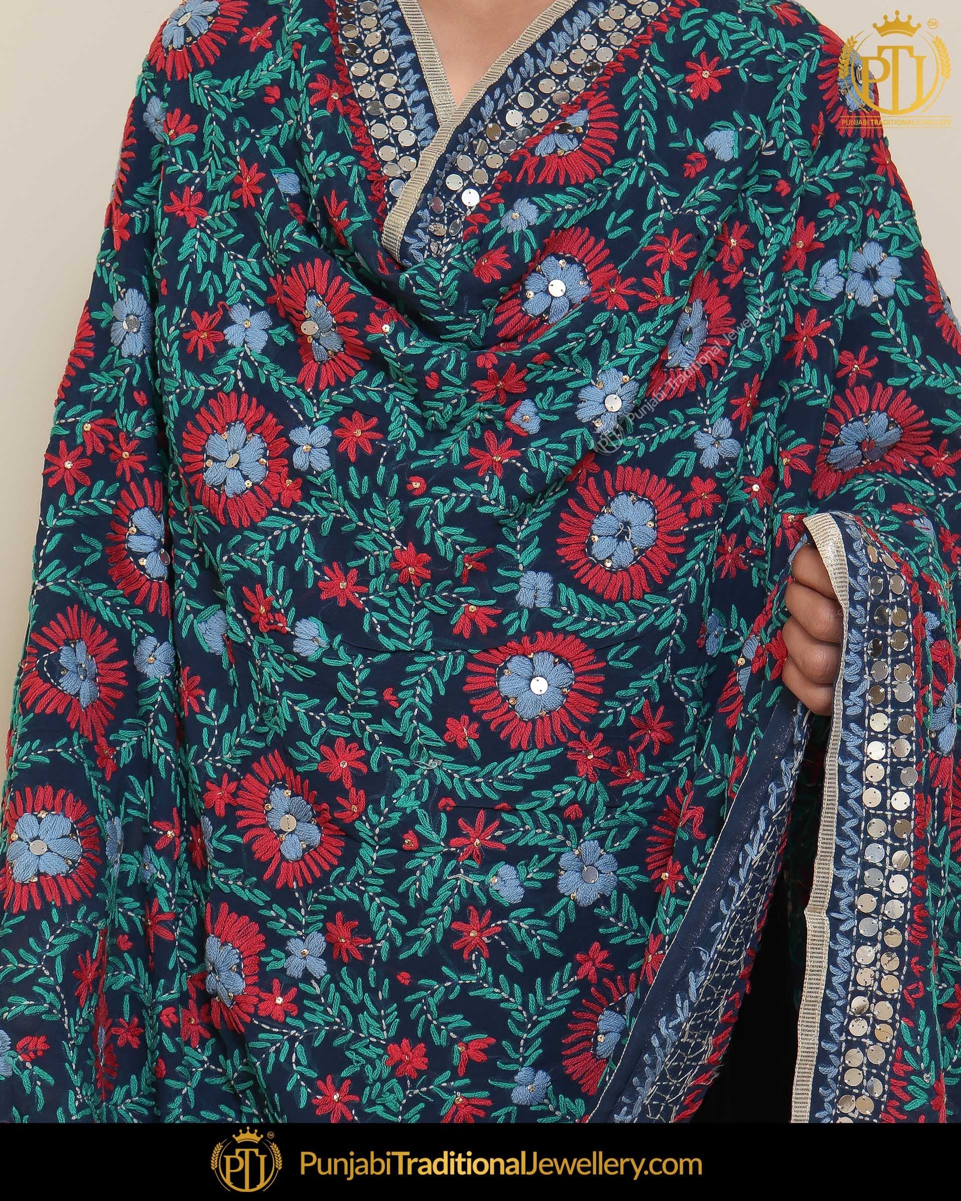Blue  Shade Red Color Phulkari | Punjabi Traditional Jewellery Exclusive