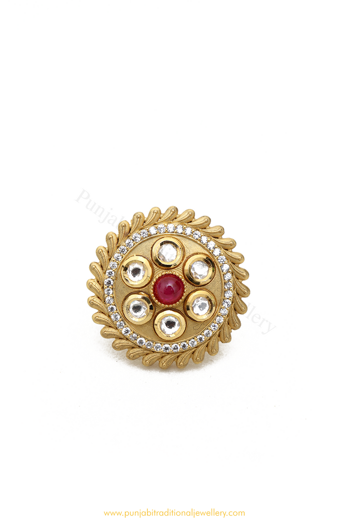 Gold Finished Rubby Kundan Ring By PTJ