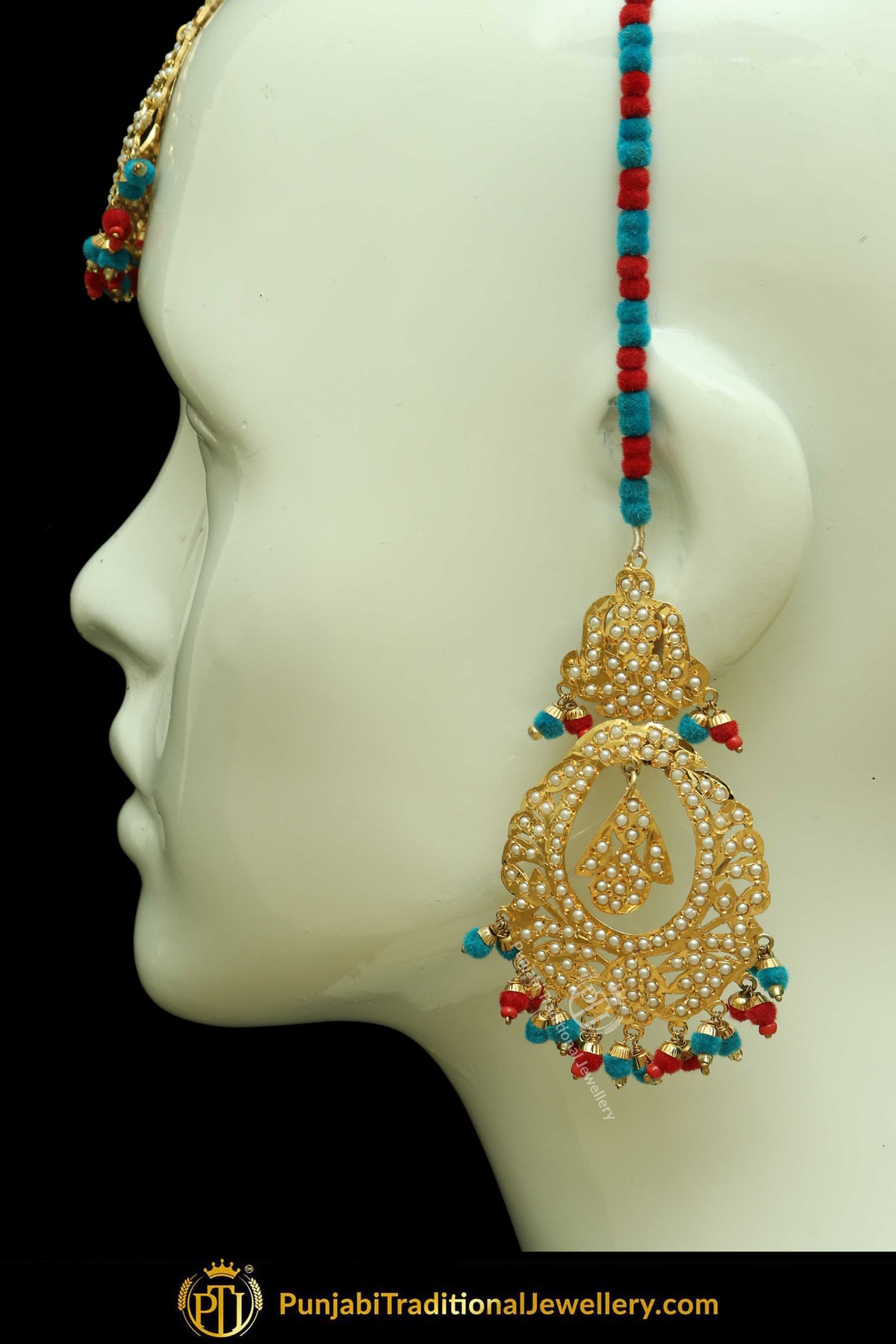 Gold Finished Pink & Red Jadau Pearl Earring Tikka Set | Punjabi Traditional Jewellery Exclusive