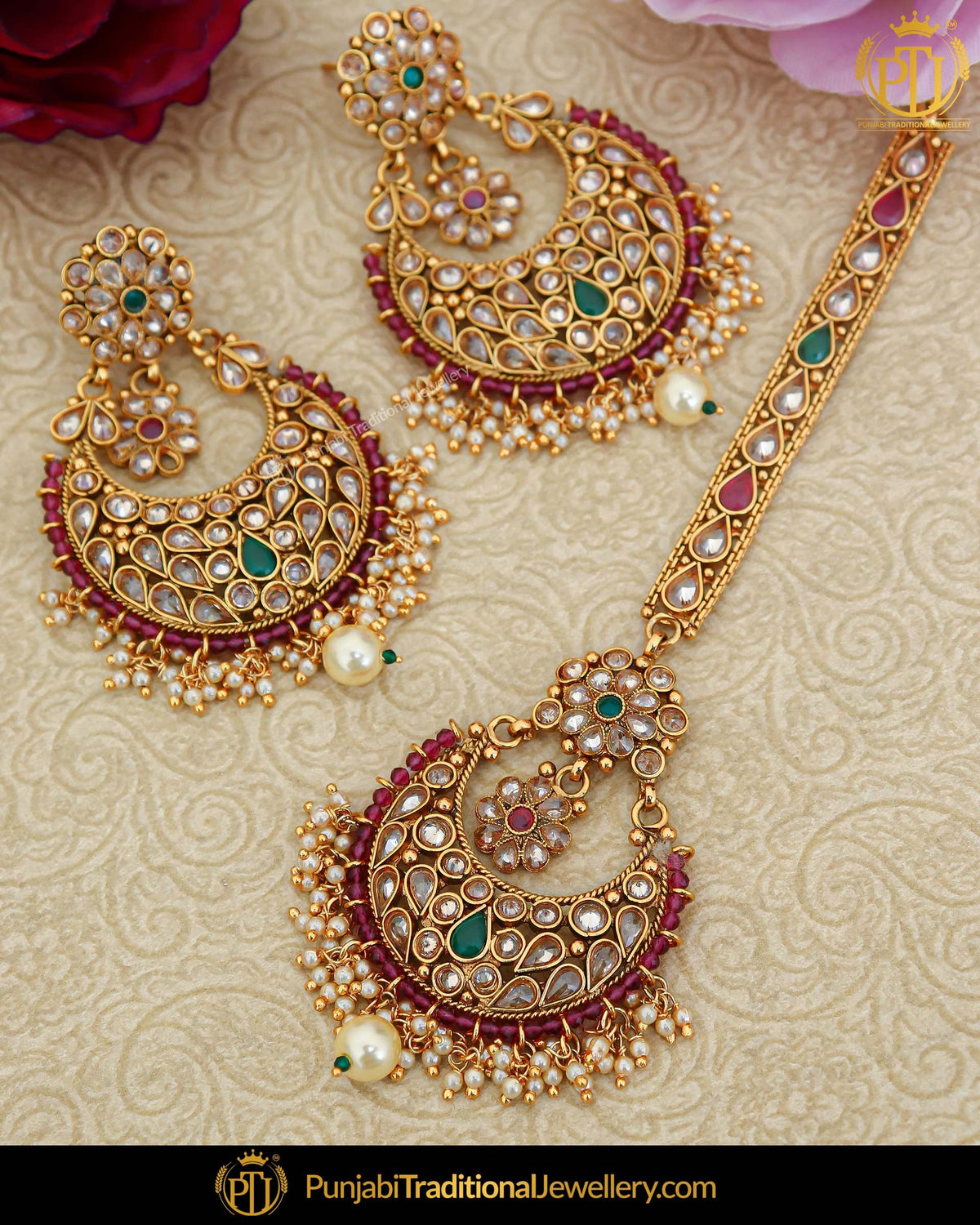 Antique Gold Finished Rubby Green Pearl Champagne Stone Earring Tikka Set | Punjabi Traditional Jewellery Exclusive