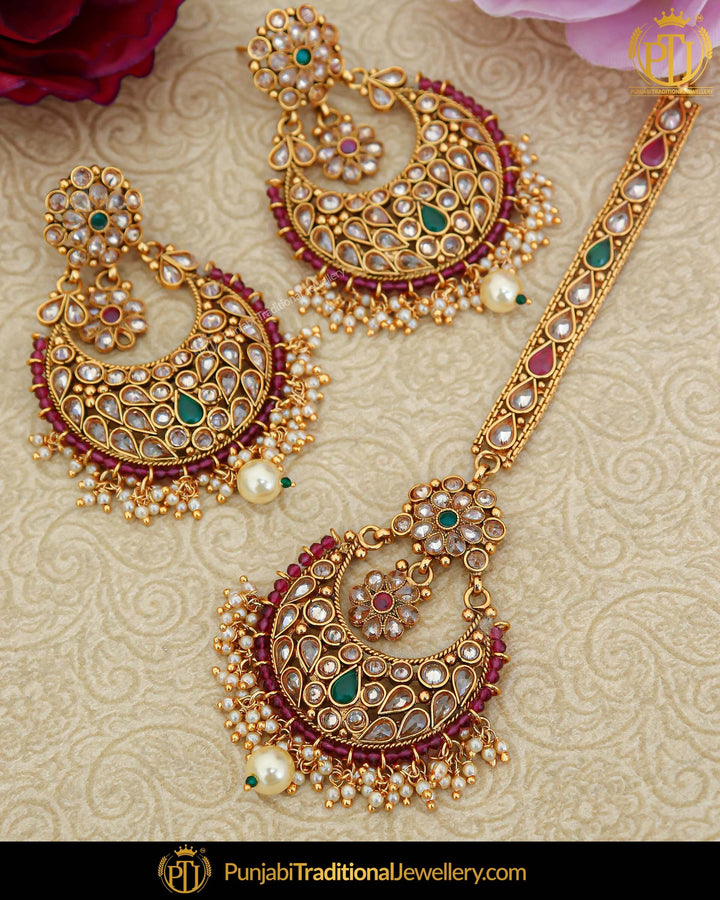 Antique Gold Finished Rubby Green Pearl Champagne Stone Earring Tikka Set | Punjabi Traditional Jewellery Exclusive