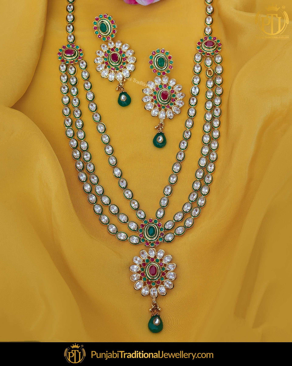 Gold Finished Rubby Emerald Kundan Necklace Set | Punjabi Traditional Jewellery Exclusive