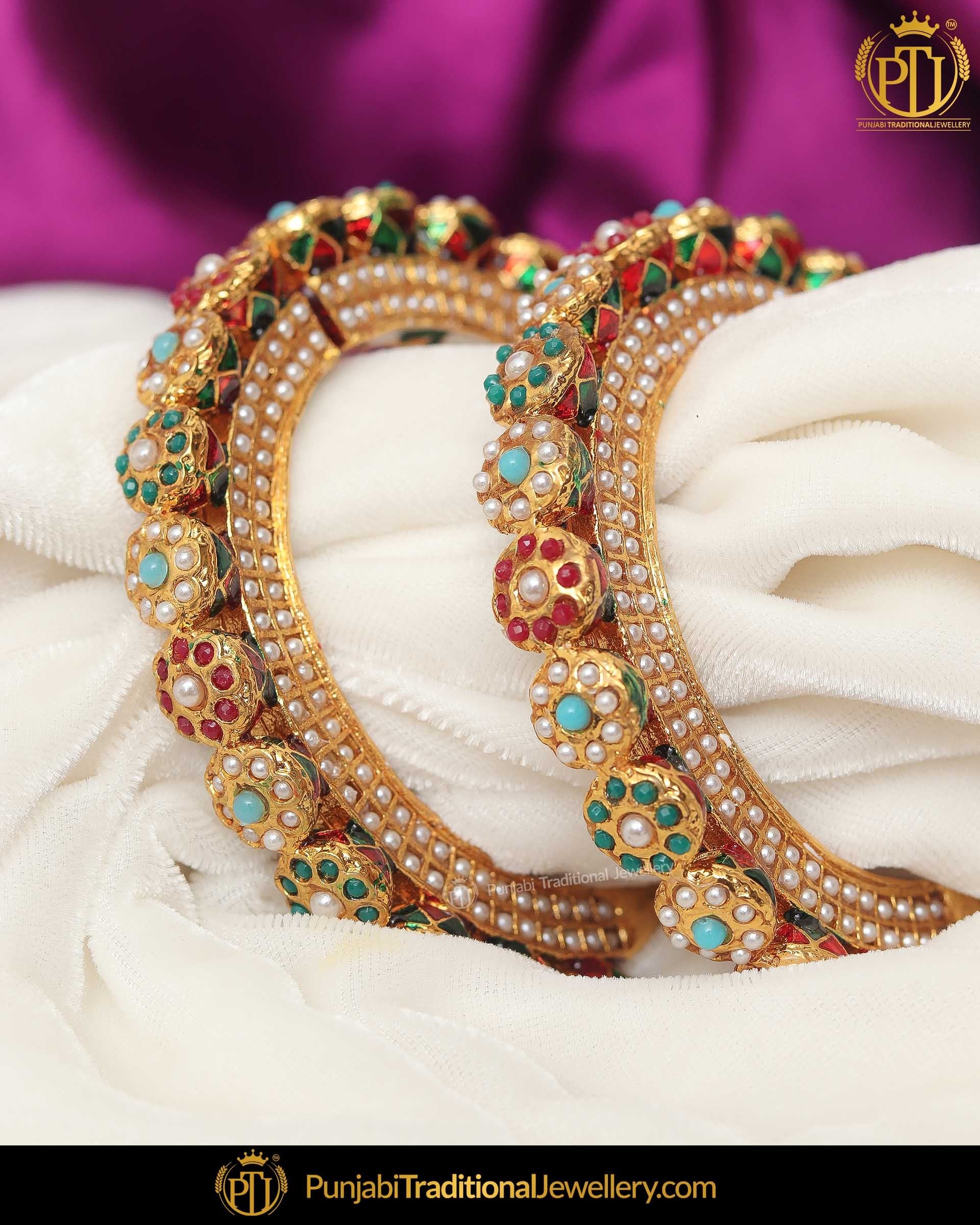 Gold Finished Multi Pearl Karra Bangles (Pair)| Punjabi Traditional Jewellery Exclusive