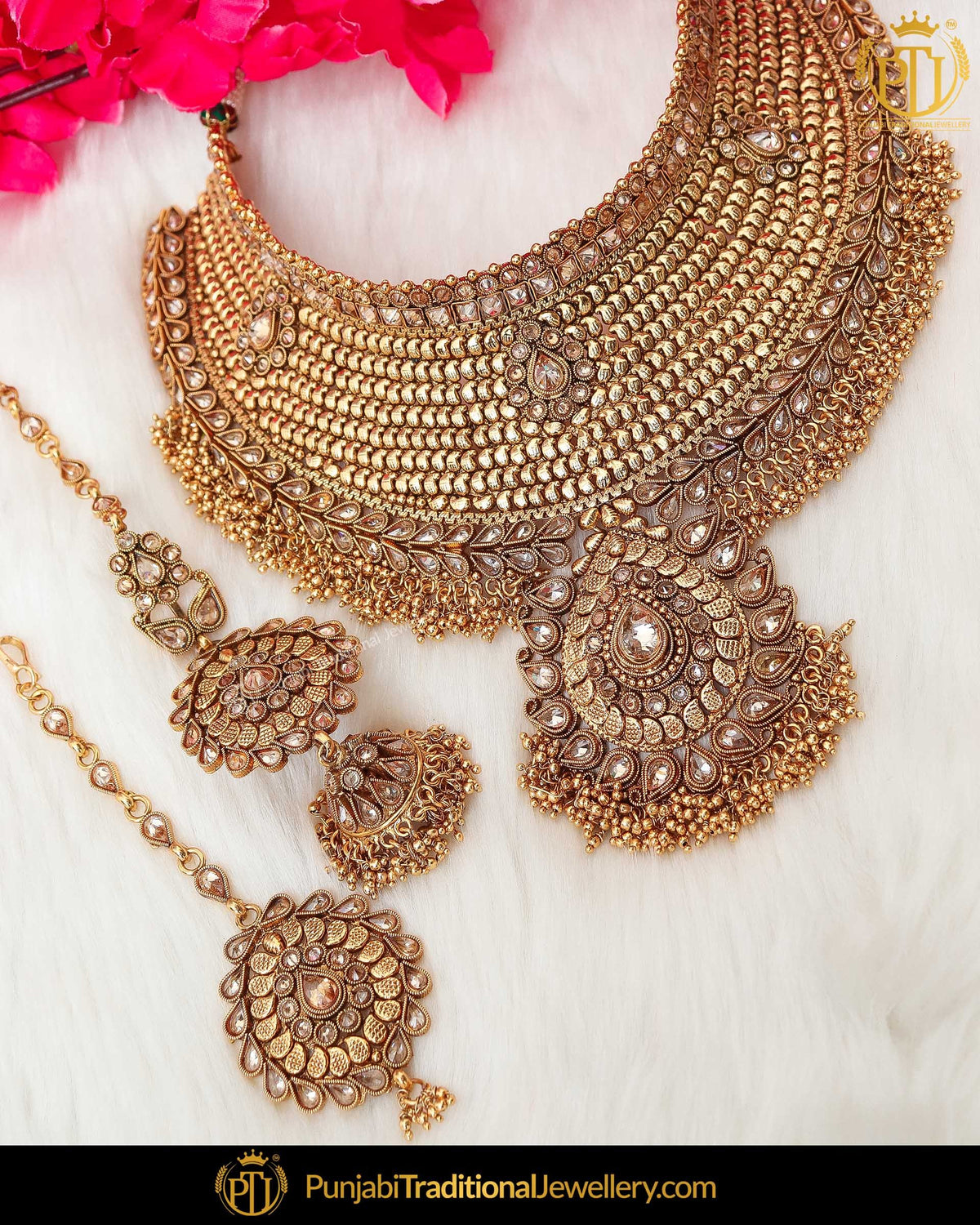 Antique Gold Finished Chamapgne Stone Polki Bridal Necklace Set | Punjabi Traditional Jewellery Exclusive