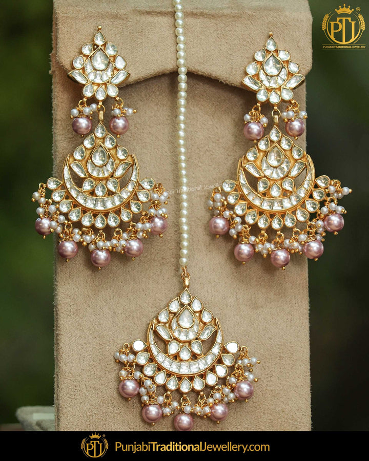 Gold Finished Metallic Pink Pearl Kundan Stone Earring Tikka Set | Punjabi Traditional Jewellery Exclusive