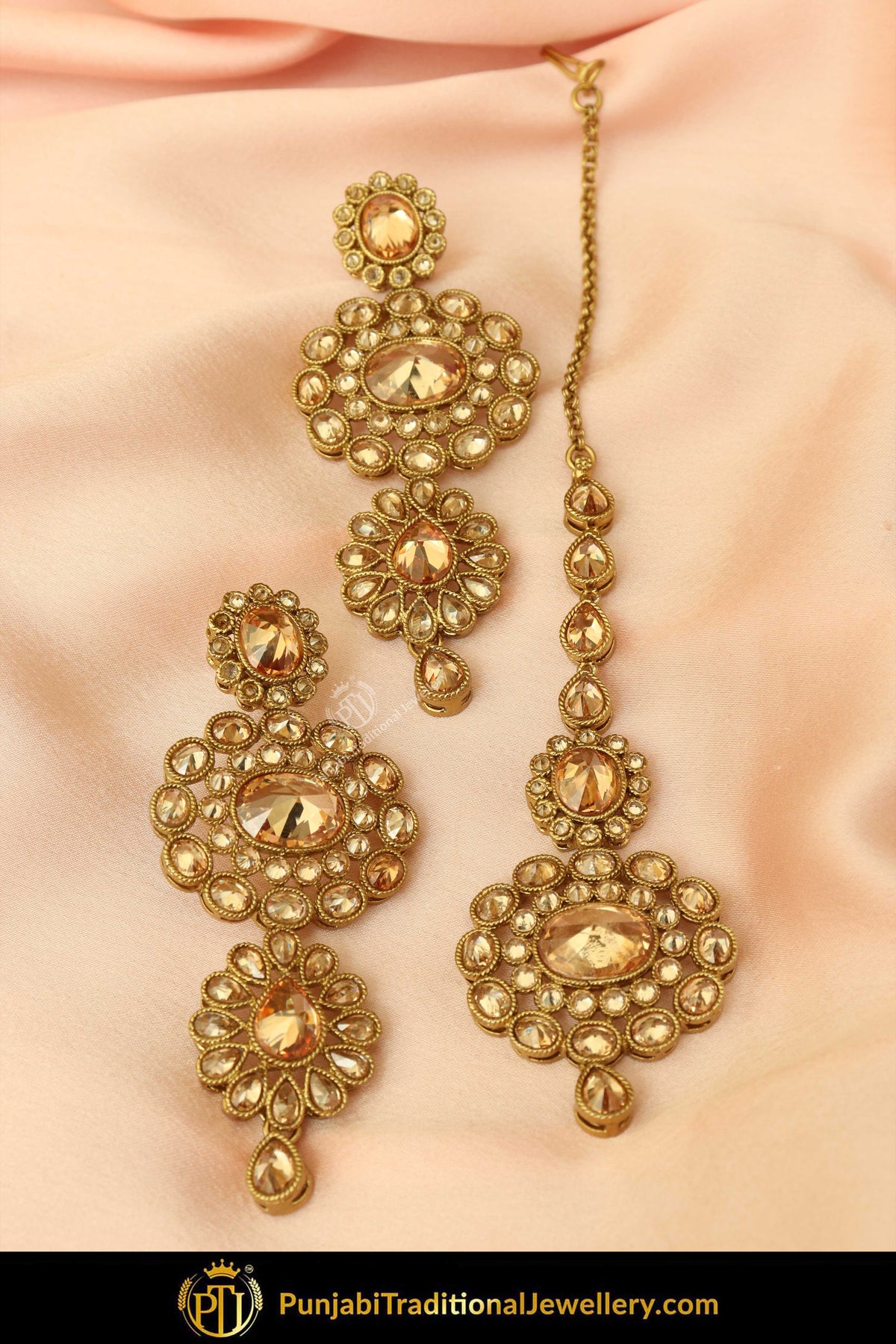 Antique Gold Finised Champagne Stone Earring Tikka Set By Punjabi Traditional Jewellery
