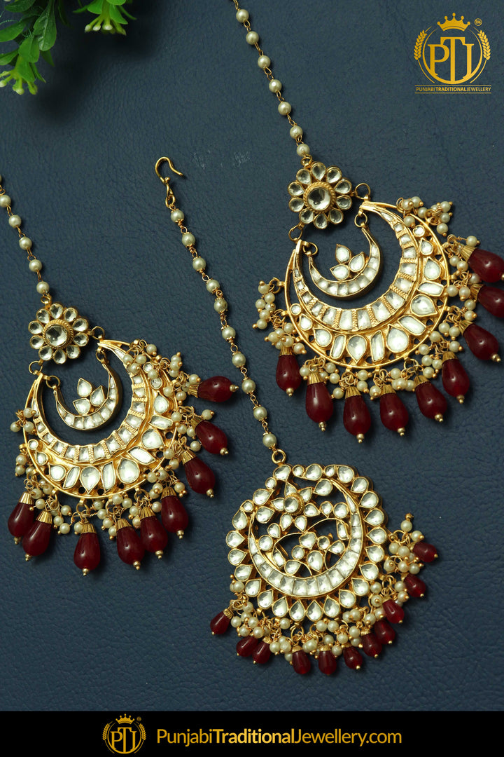 Gold Finished Pearl Red Kundan Sahare  Earrings & Tikka Set | Punjabi Traditional Jewellery Exclusive