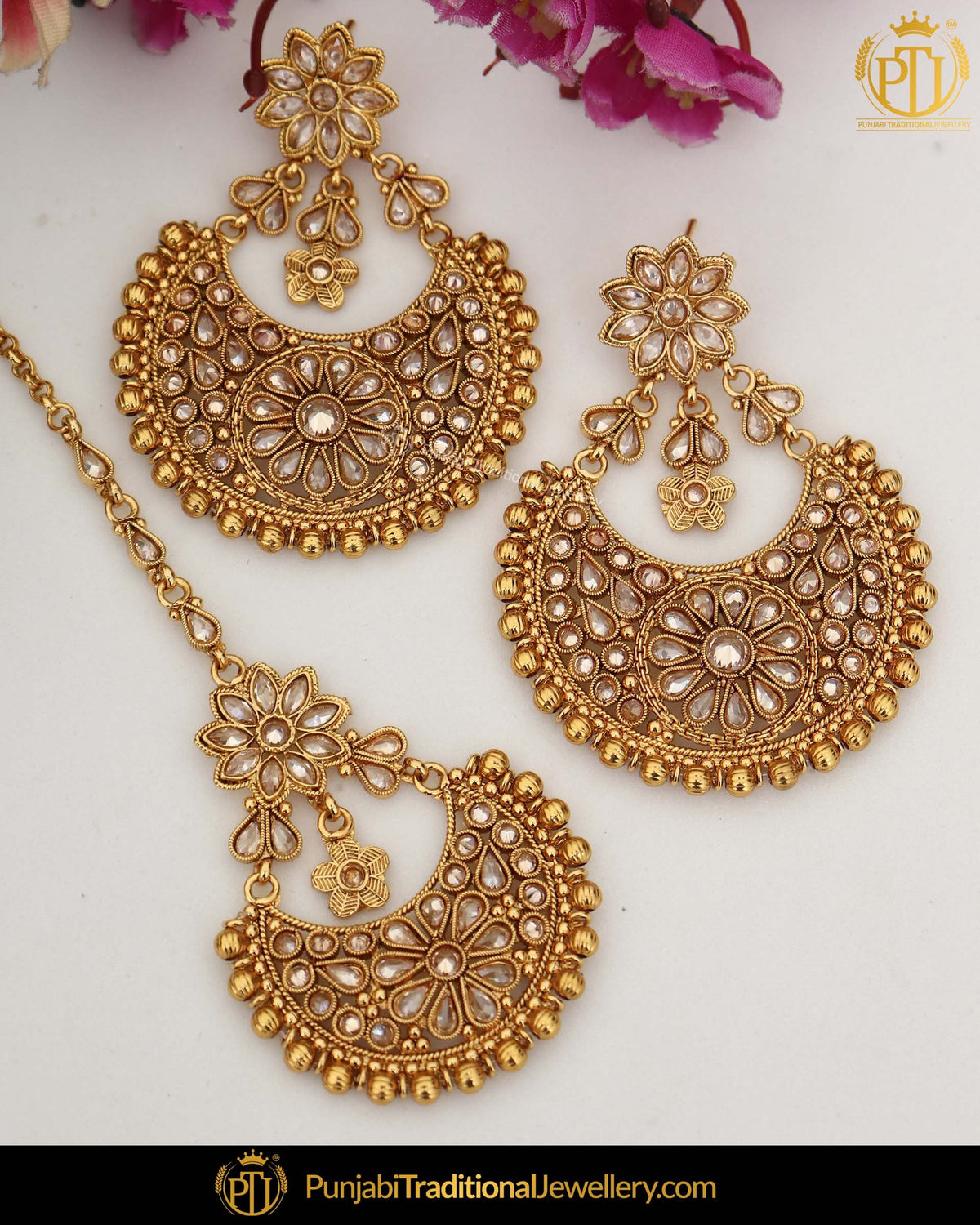Antique Gold Finished Champagne Stone Earring Tikka Set | Punjabi Traditional Jewellery Exclusive