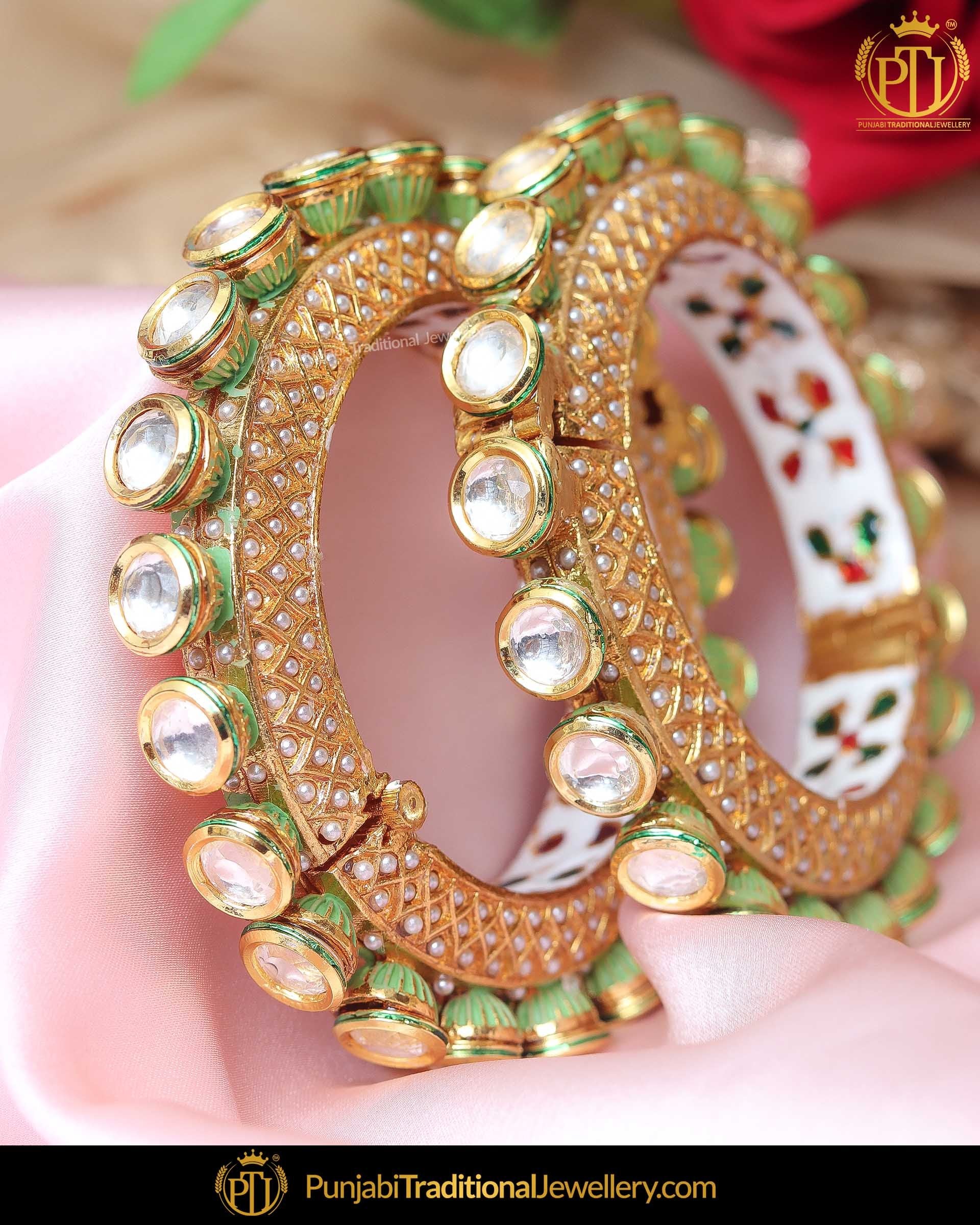 Gold Finished Pista Kundan Pearl Karra Bangles (Pair)| Punjabi Traditional Jewellery Exclusive