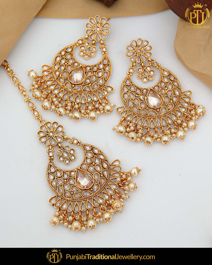 Antique Gold Finished Champagne Stone Earring Tikka Set | Punjabi Traditional Jewellery Exclusive