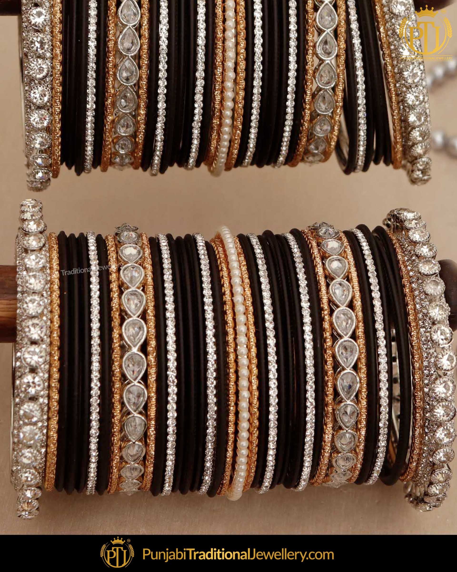 Black Silver & Gold (For Both Hands) Bangles Set | Punjabi Traditional Jewellery Exclusive